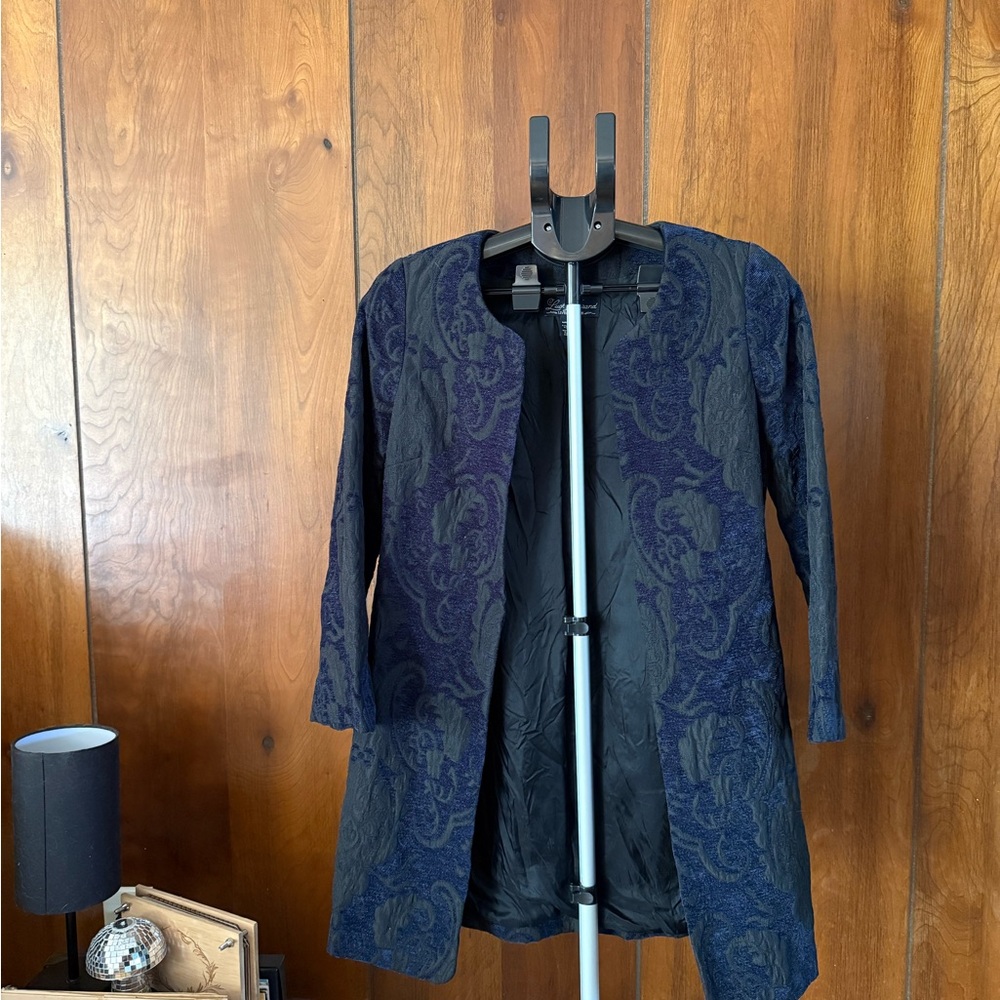 Lucky Brand Navy and Black Paisley Open-Front Coat